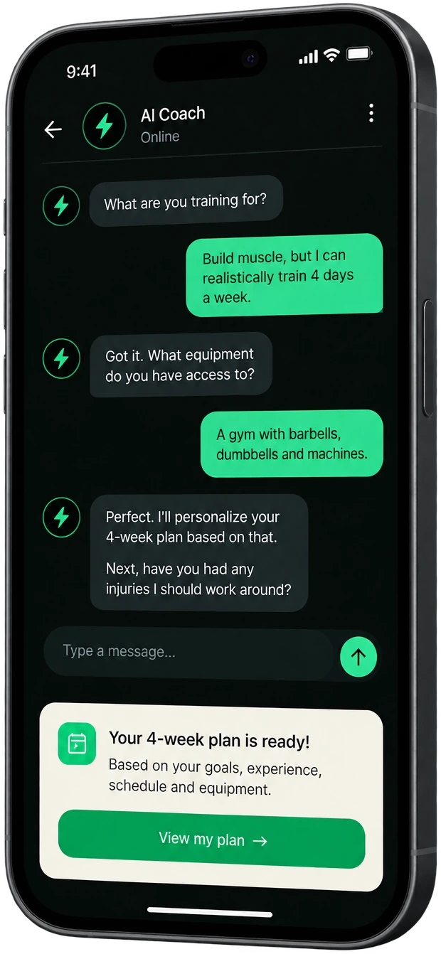 Phone showing the AI Coach chat asking about training goals and equipment, with a card saying the 4-week plan is ready