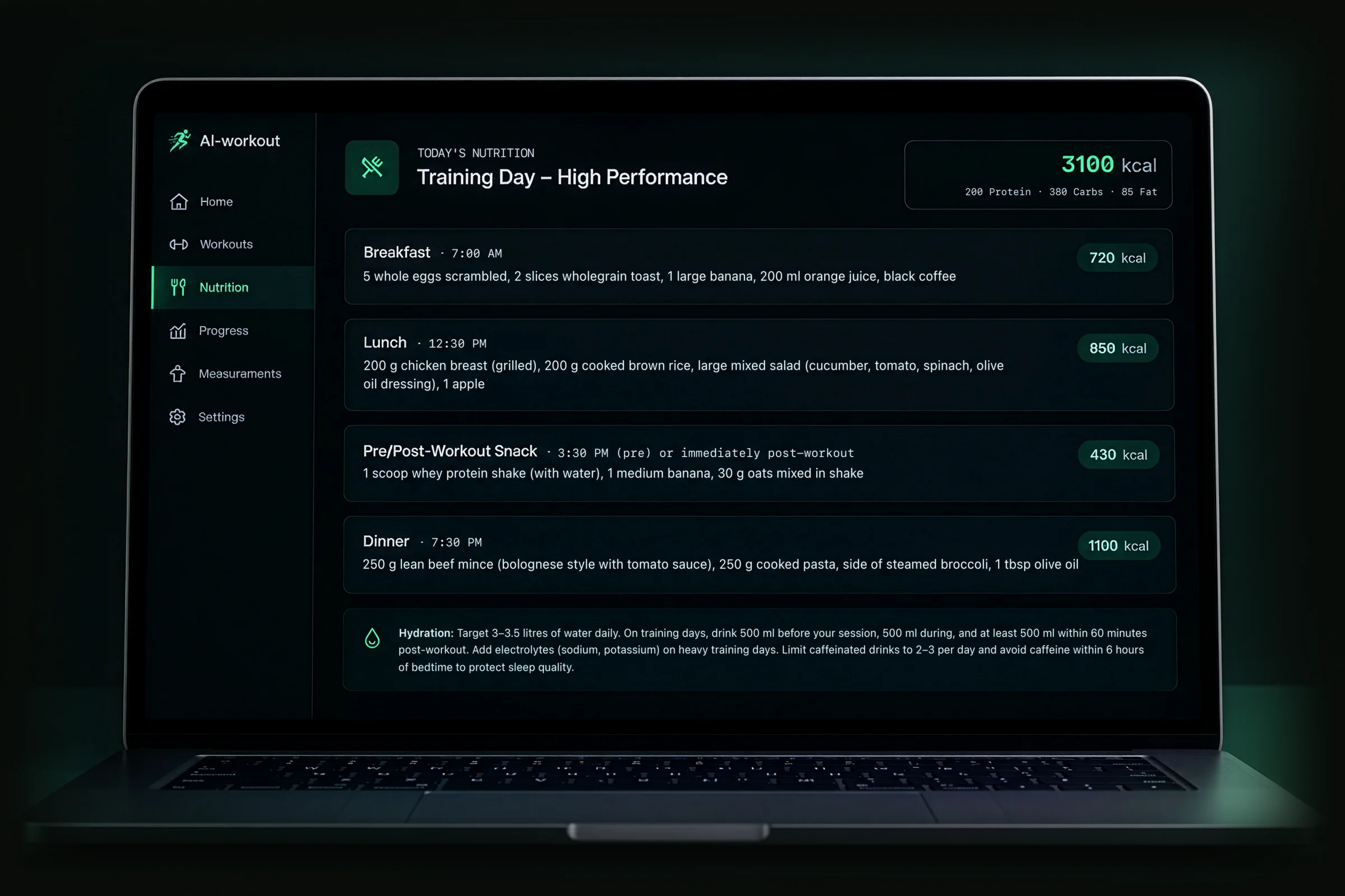 Laptop showing the AI Workout app's nutrition screen: a training day's calorie target and macros, the day's meals with portions and calories, and a hydration note