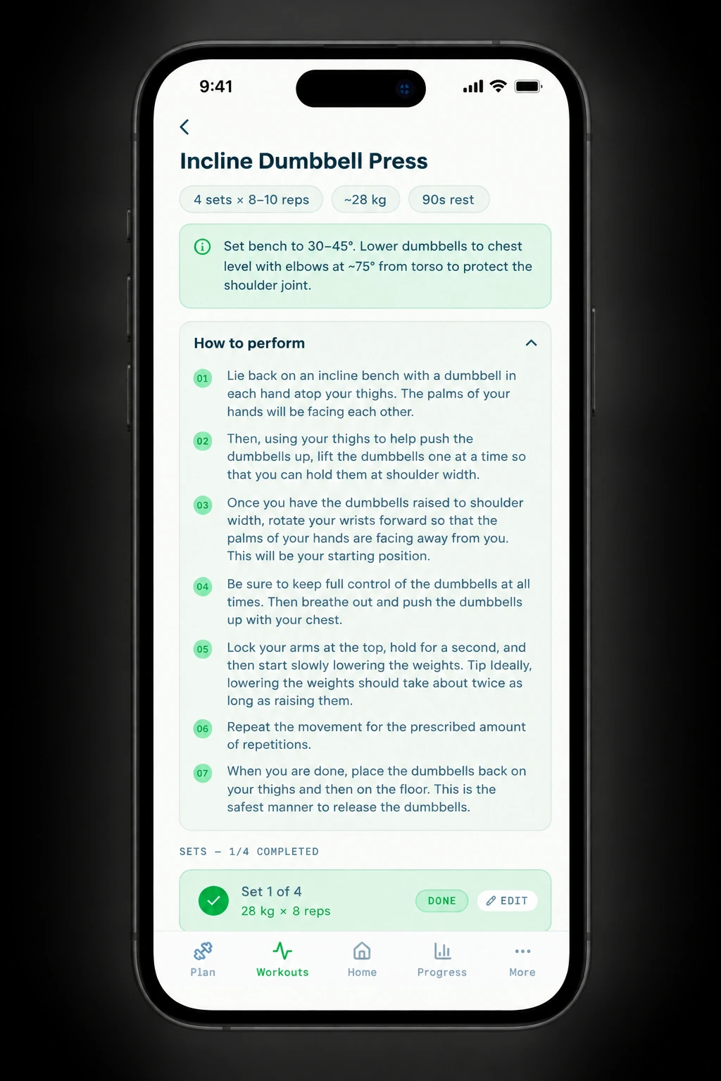 Workout tracker screen for incline dumbbell press with a form cue and seven numbered steps on how to perform it