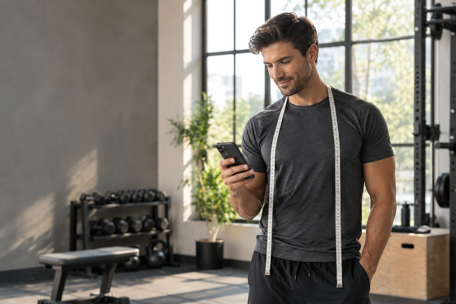 Man in a sunlit home gym checking his progress on his phone, a tape measure around his neck