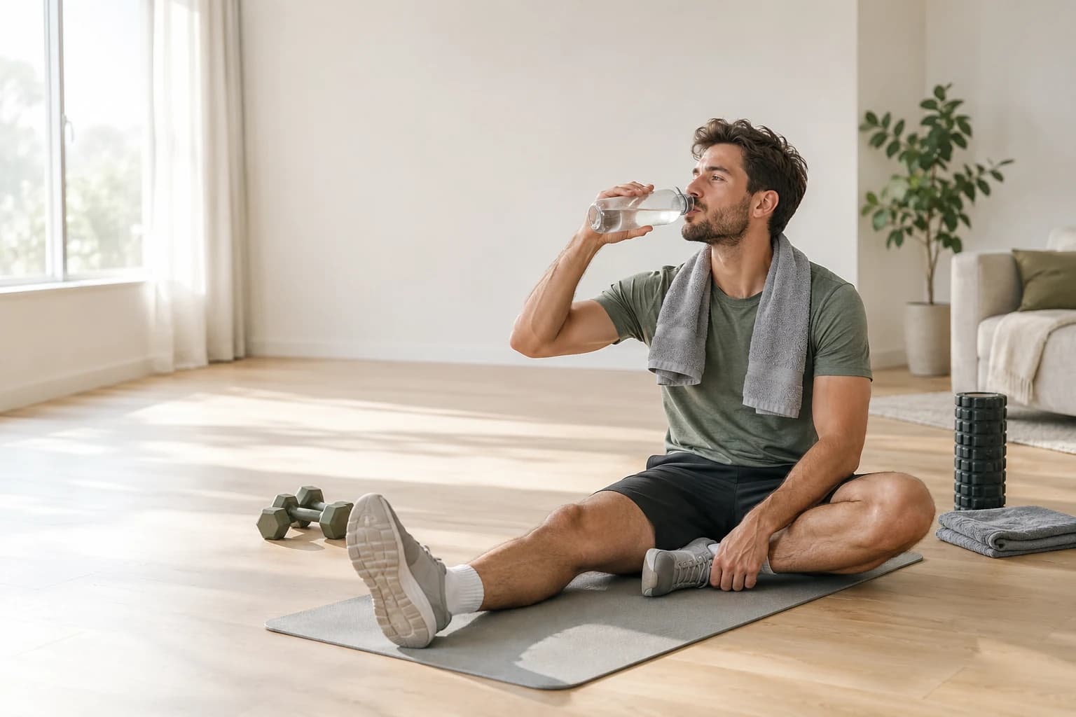 Man resting on a yoga mat after a home workout, drinking water with a towel around his neck