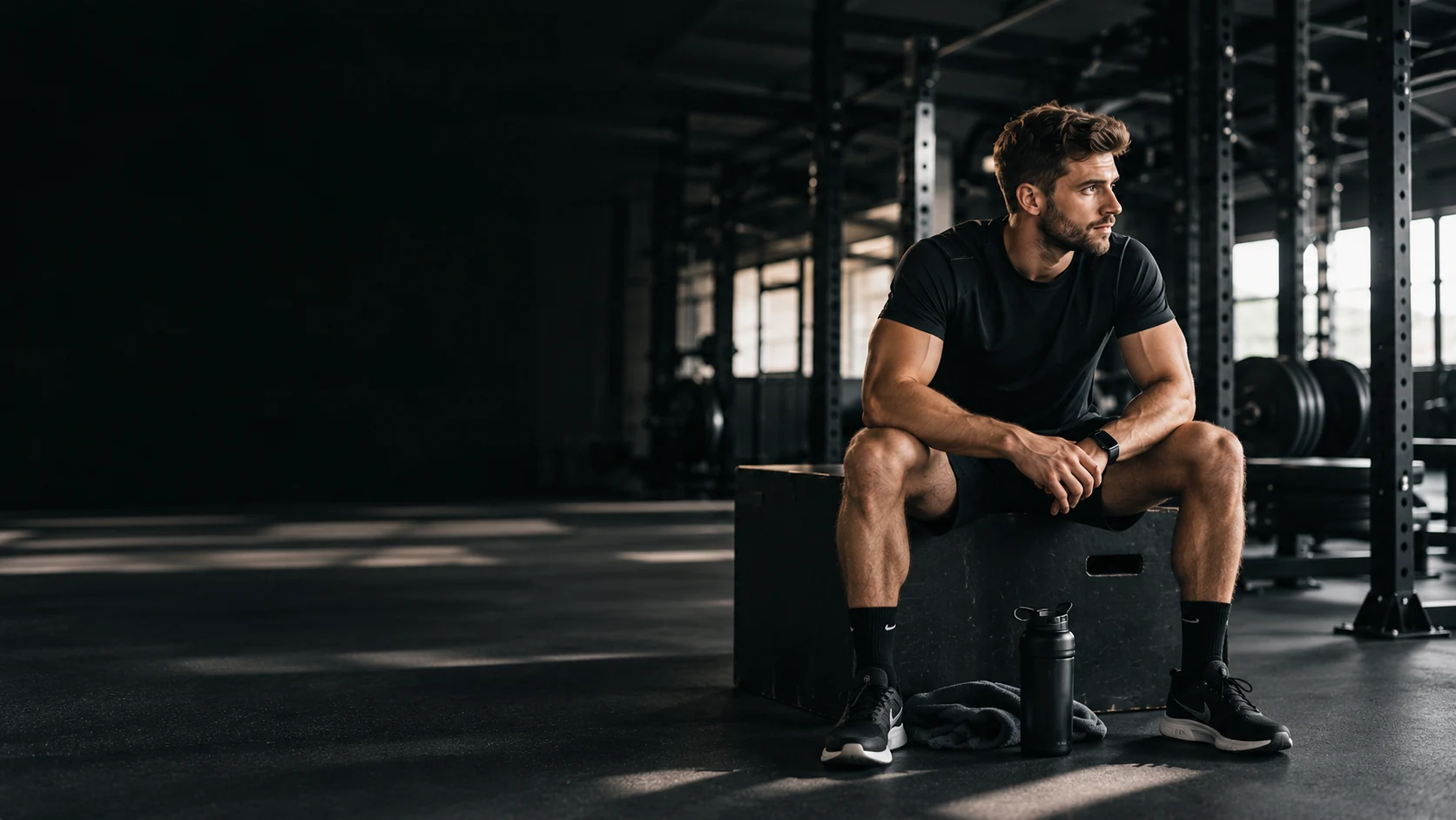 Hombre con ropa de entrenamiento negra descansando sobre un cajón pliométrico en un gimnasio oscuro