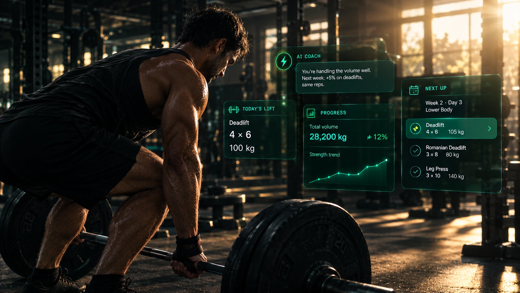Athlete setting up a deadlift, with floating panels showing today’s lift, progress, next week’s workout and an AI Coach note: “Next week: +5% on deadlifts, same reps”