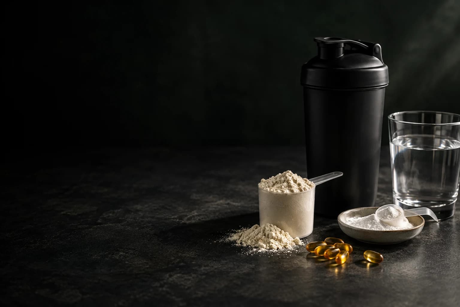 Protein powder in a scoop, creatine in a small dish, vitamin D softgels, a shaker bottle and a glass of water on a dark countertop