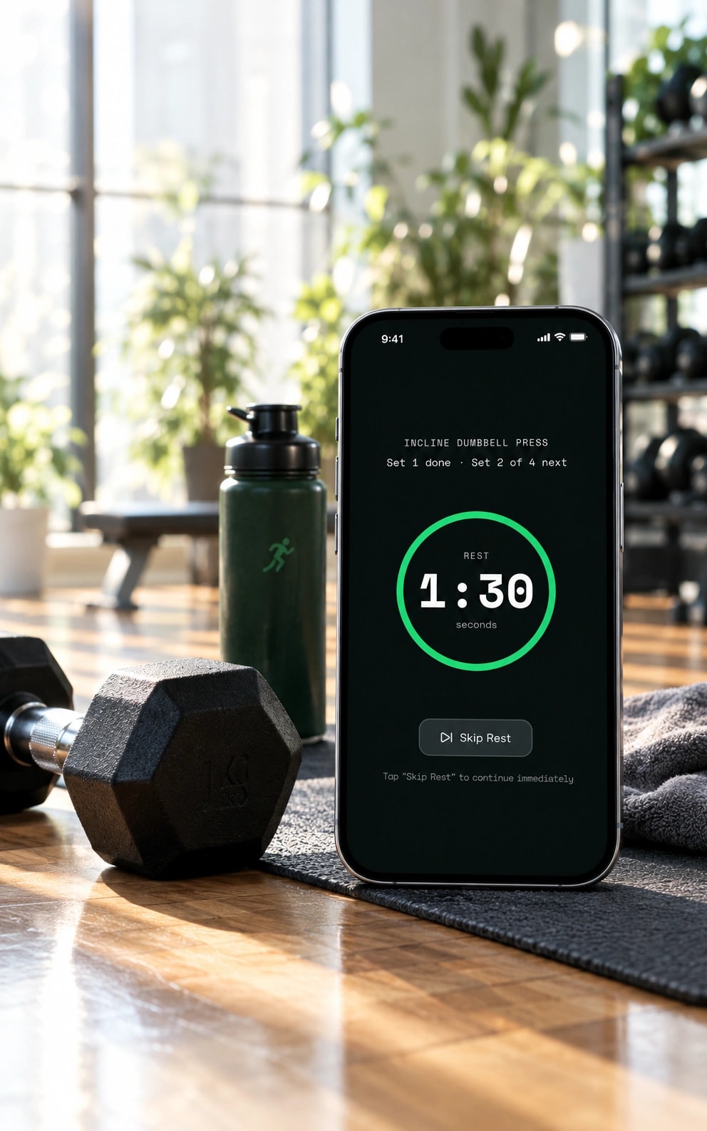Phone on a gym floor showing a 1:30 rest timer between sets of incline dumbbell press