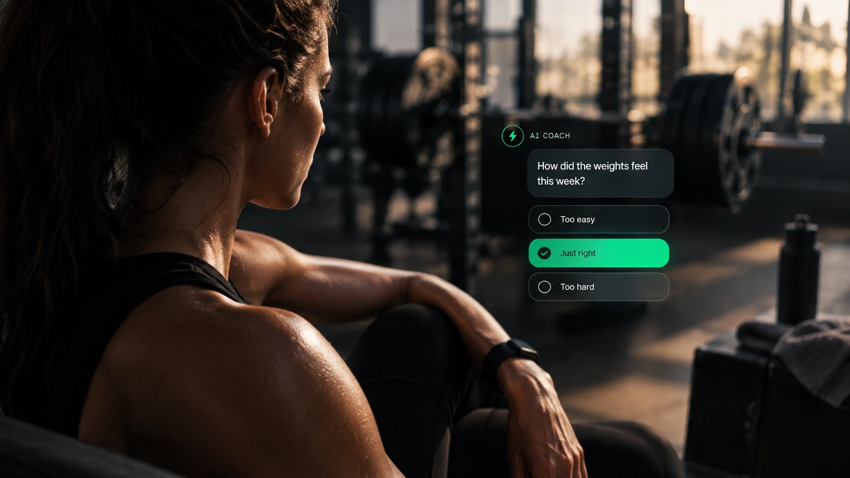 Athlete resting in the gym next to an AI Coach question, “How did the weights feel this week?”, with “Just right” selected