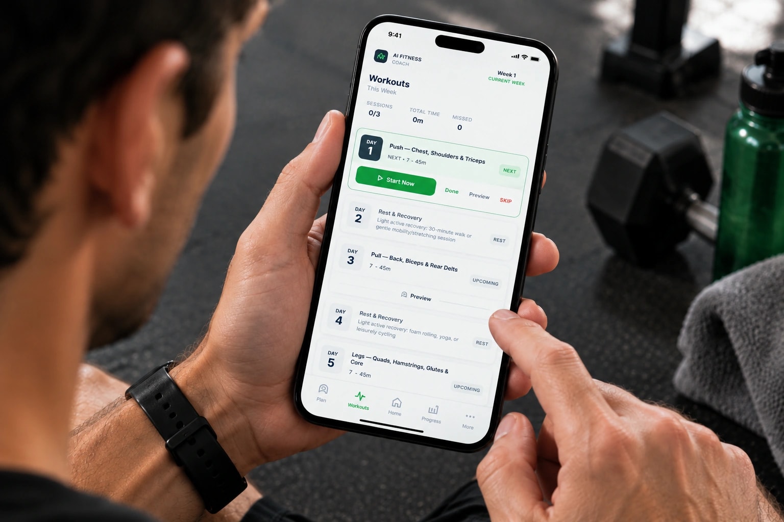 Person holding a phone that shows a weekly workout plan with push, pull and leg days